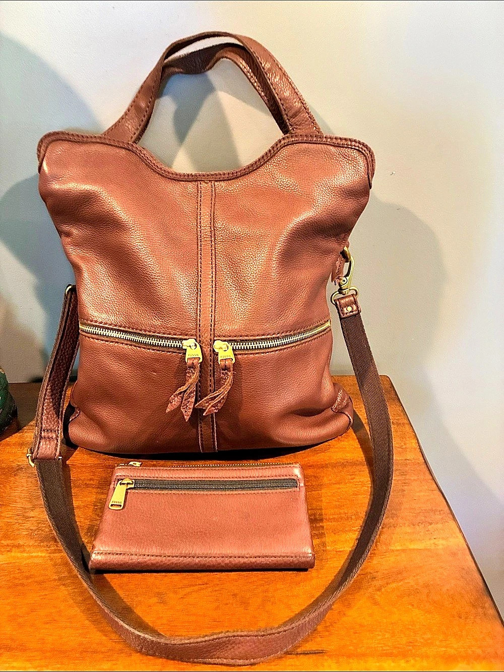 Fossil Brown Leather Shoulder Bag & Wallet